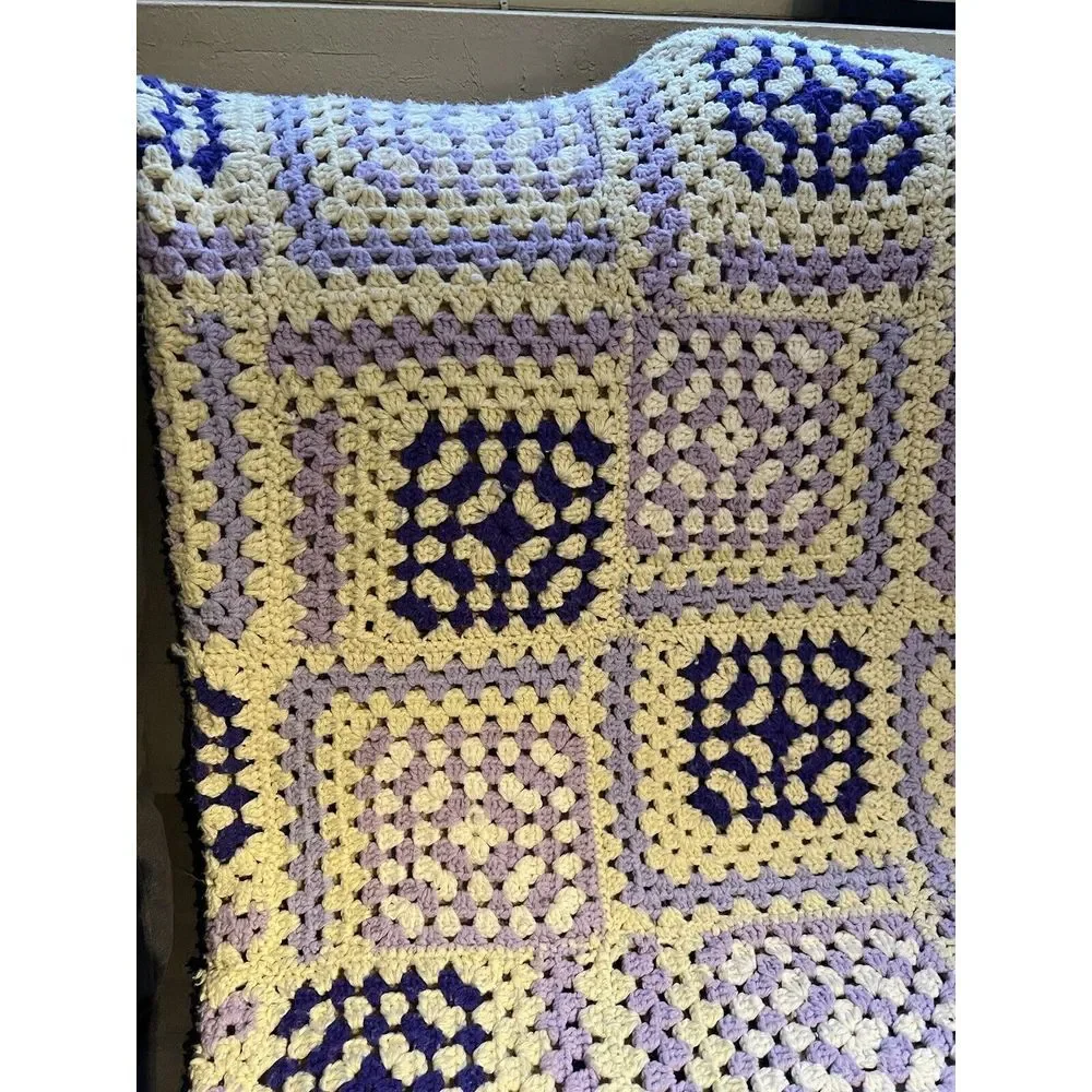 Vtg Purple White Crochet Handmade Afghan Throw Blanket Granny Square Style 48x64